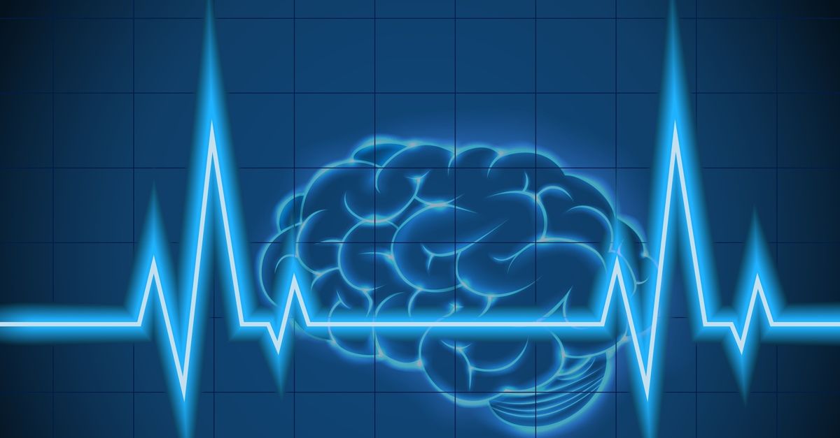 An illustration featuring a blue brain alongside a heartbeat line on a dark background, symbolizing health and cognitive function.